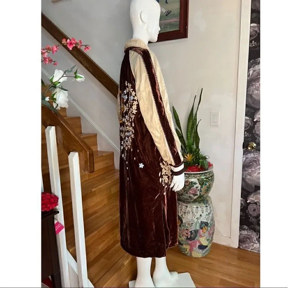 Free People Sundown Velvet Duster Jacket Embroidered Floral Bomber Kimono